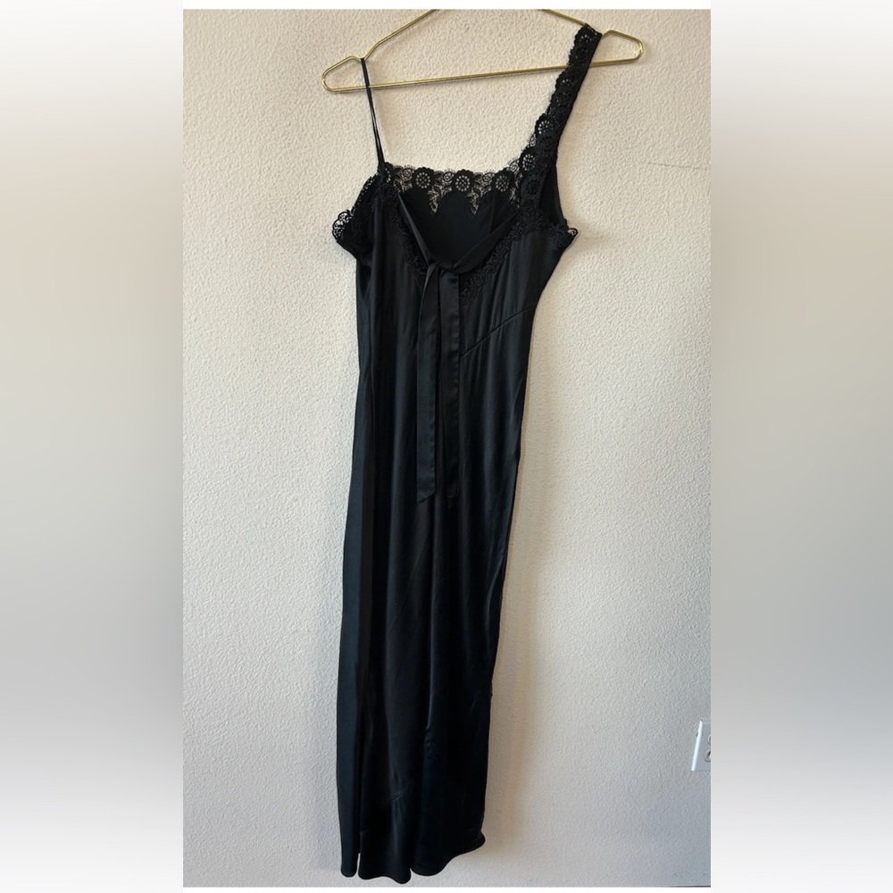 Vintage Y2K Black Silk Slip Dress Lace One Shoulder Maxi Goth S/M - Picture 4 of 13